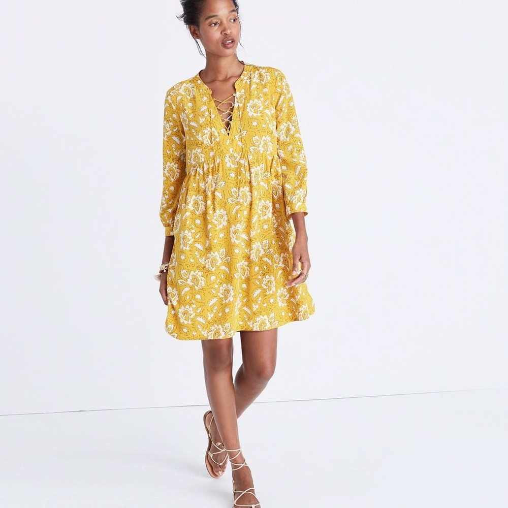 Madewell 100% Silk Assam Floral Lace-Up 3/4 Sleeve Mustard Yellow Boho Western